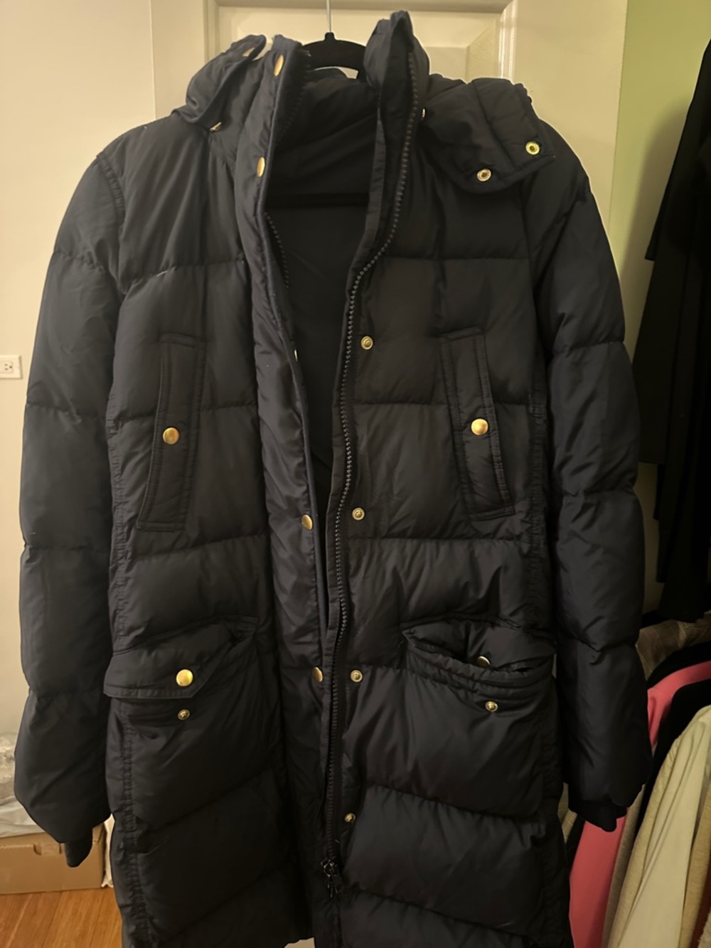 J. Crew Navy Quilted Long Puffer Coat with Hood